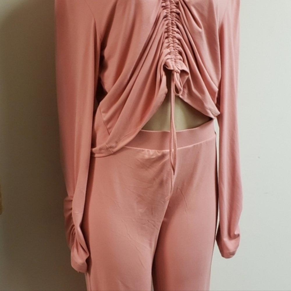 Spicy Blush Ruched Adjustable Crop Top Pull Up Pant Catch a Flirt Soft Loung Set
